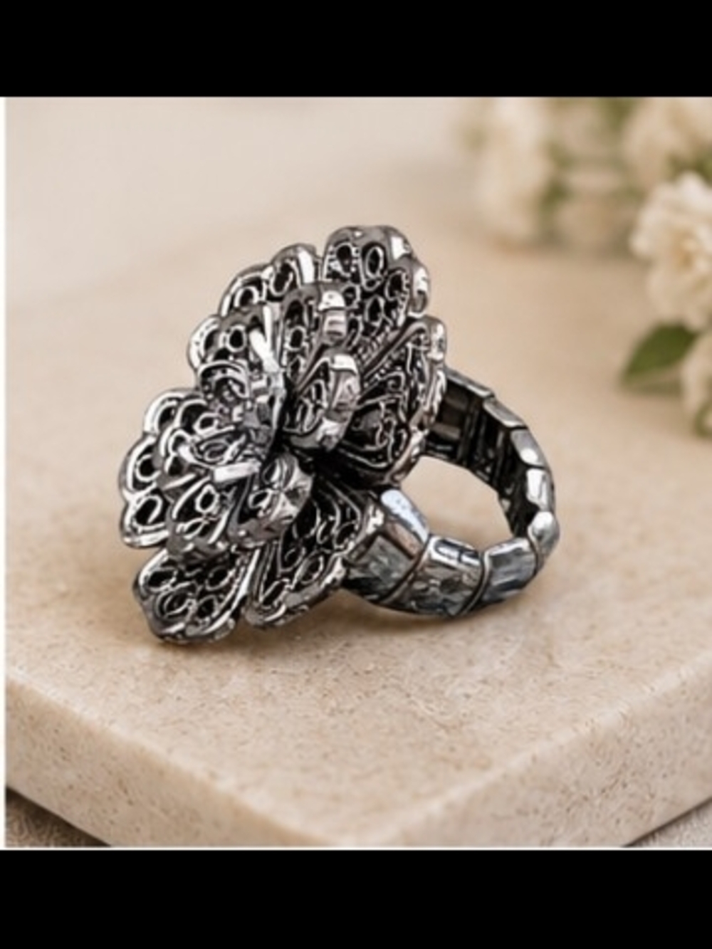 Antique Silver Floral Statement Ring for Women